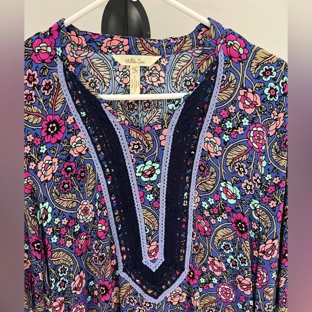 Matilda Jane Thoughts and Dreams blue & pink rayon floral long sleeve dress med